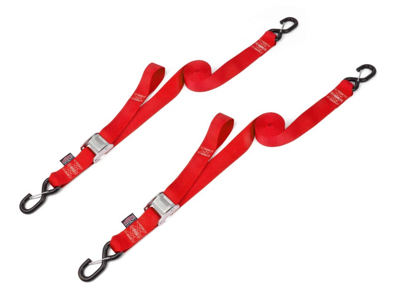 PowerTye Cam Buckle Tie Down Straps â€“ 2 inch x 12ft Straps with Latch Hooks â€“ Ideal for Motorcycle, ATV, Trailers, and Truck Bed Cargo â€“ 600 lb WLL & 1,800 lb Break Strength â€“ USA Made, Red (Pair) - Image 1